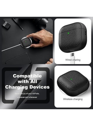 Case for AirPods 4/Airpods 4 ANC, Leather-Texture TPU Shockproof Protective Cover with Keychain, Wrist Strap and Cleaner Ki, Front LED Visible – Black - view 5